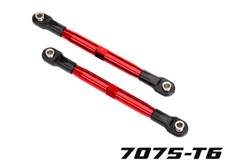 Red aluminum toe links for Traxxas RC cars, 87mm length, durable and precision-machined for enhanced performance.