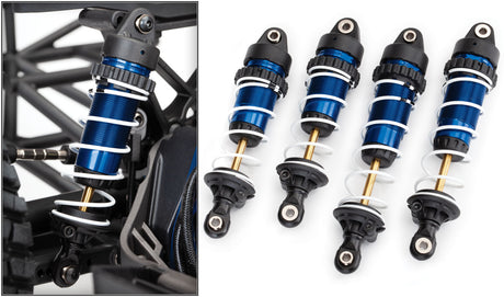 Blue anodized Traxxas Slash 4X4 VXL Ultimate RC truck with GTR shocks, showcasing its performance-ready suspension system.