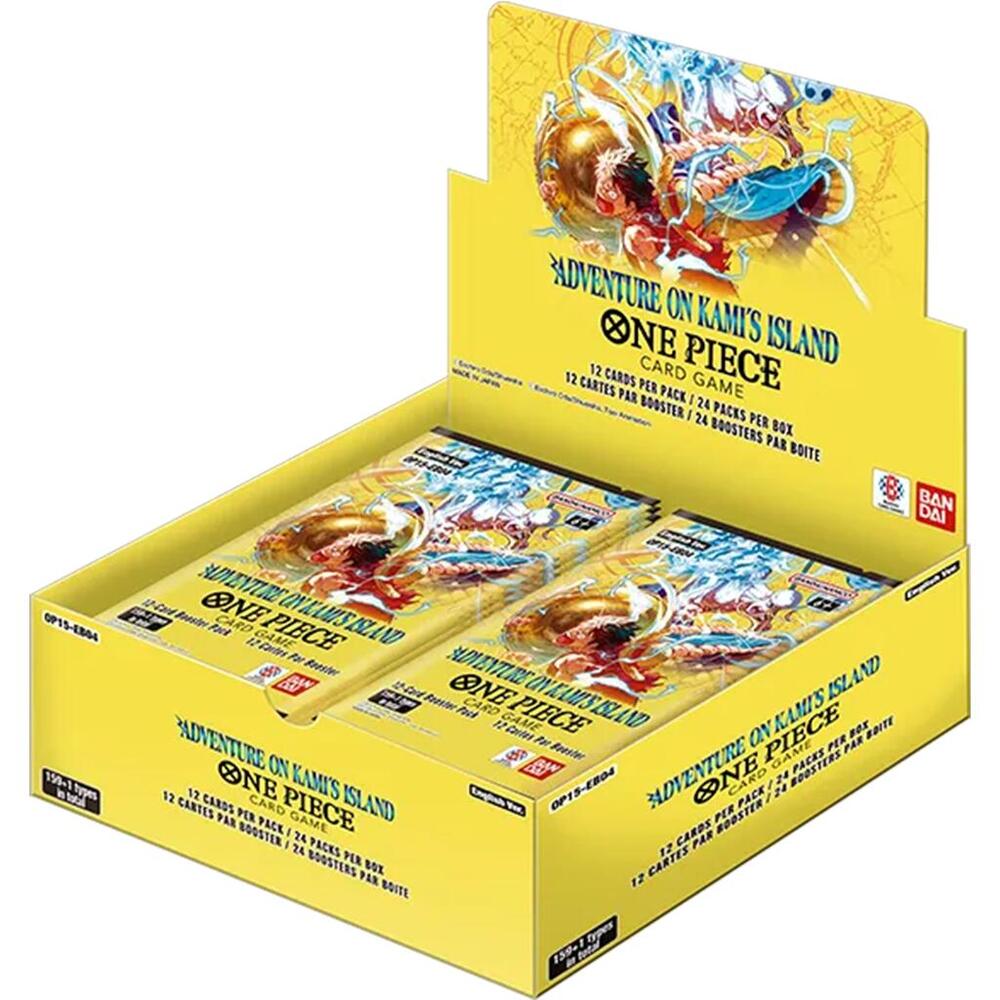 Bandai One Piece TCG Adventure on Kami's Island booster box with colorful packaging and artwork featuring characters from the series.
