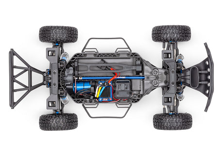 Overhead view of the Traxxas Slash 4X4 VXL Ultimate RC truck chassis showing detailed components and structure.