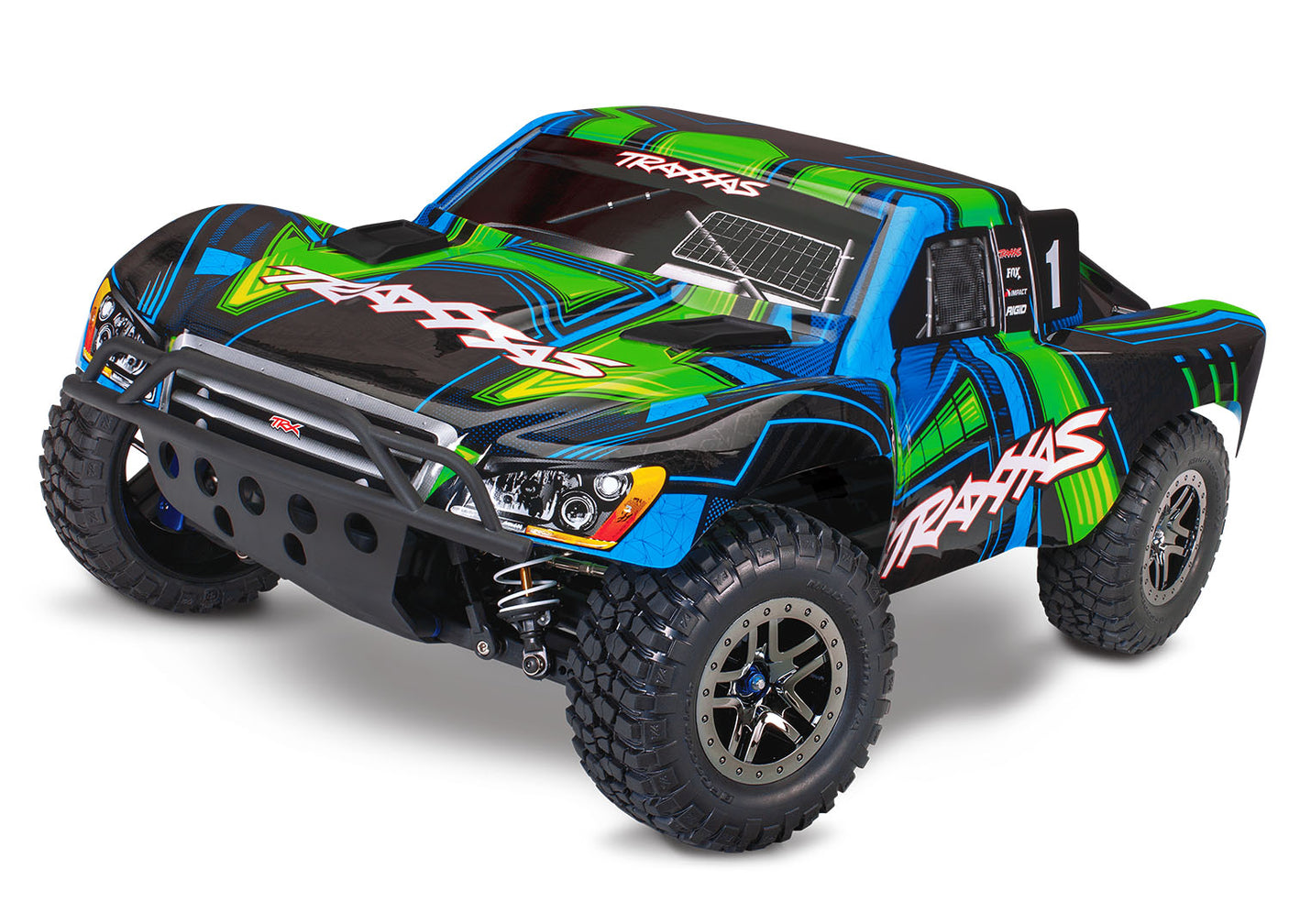 Green Traxxas Slash 4X4 VXL Ultimate RC truck shown from a three-quarter front view, highlighting its rugged design and detailed exterior.