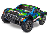 Green Traxxas Slash 4X4 VXL Ultimate RC truck shown from a three-quarter front view, highlighting its rugged design and detailed exterior.