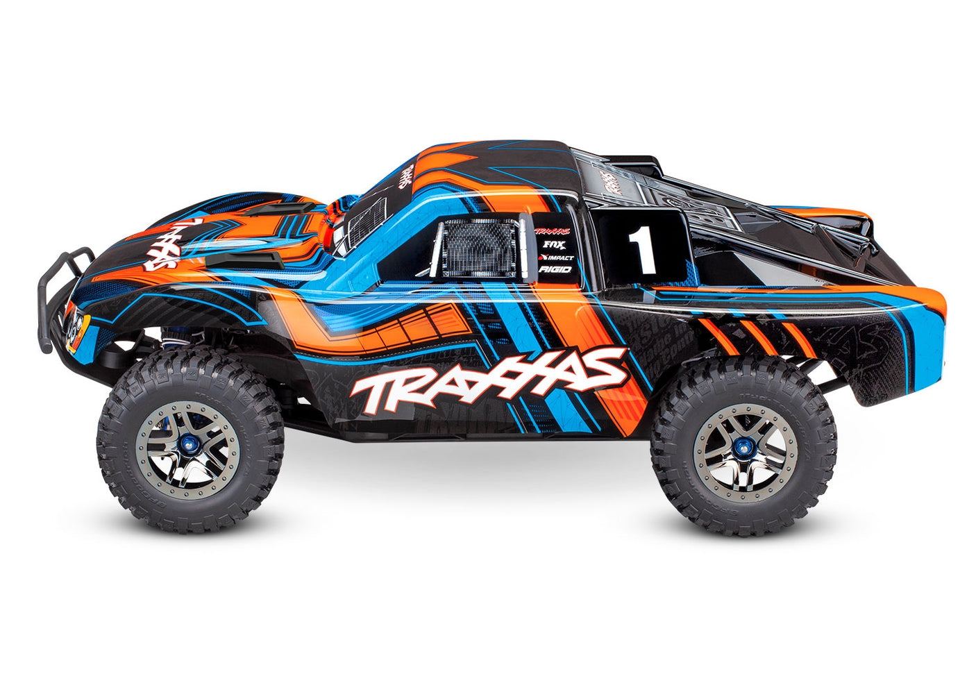 Traxxas Slash 4X4 VXL Ultimate RC truck with orange body, side view showing rugged tires and detailed design.