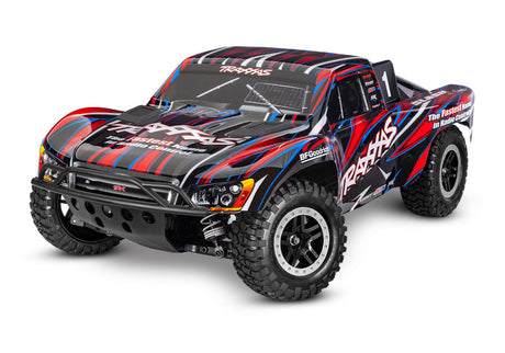 Red Traxxas Slash 4X4 VXL RC truck with front view, showcasing rugged design and detailed body features.