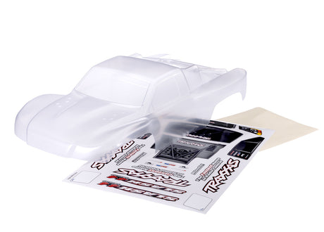 Traxxas Slash 4X4 heavy-duty clear clipless RC car body on a white background with detailed design features.