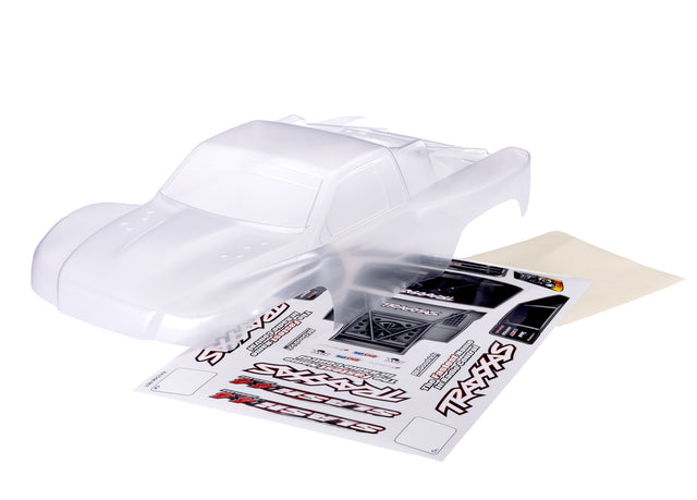 Traxxas Slash 4X4 heavy-duty clear clipless RC car body on a white background with detailed design features.