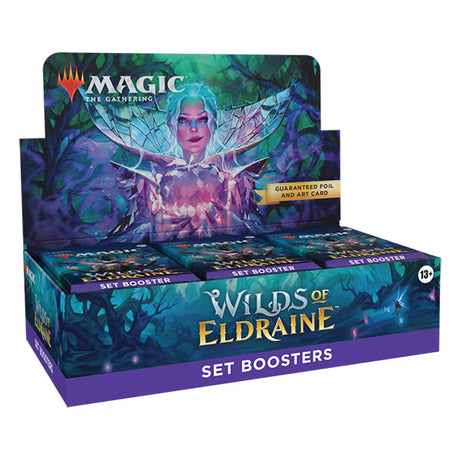 Wilds of Eldraine Set Booster Box from Wizards of the Coast for Magic: The Gathering, featuring colorful fantasy-themed artwork.