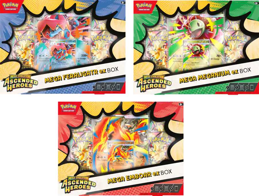 Pokemon Ascended Heroes Mega EX Box featuring collectible cards and vibrant packaging for Pokemon trading card game fans.