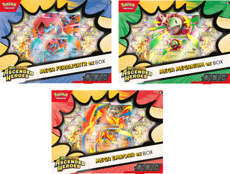 Pokemon Ascended Heroes Mega EX Box featuring collectible cards and vibrant packaging for Pokemon trading card game fans.