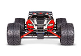 Red Traxxas 1/16 E-Revo 4X4 RC truck with front view, showcasing detailed body and rugged off-road tires.