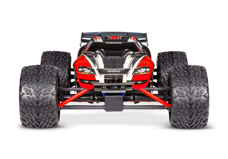 Red Traxxas 1/16 E-Revo 4X4 RC truck with front view, showcasing detailed body and rugged off-road tires.