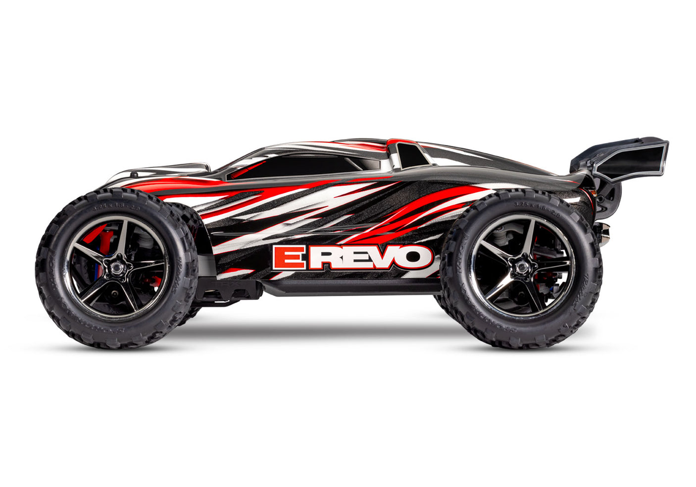 Red Traxxas 1/16 E-Revo 4X4 remote control car with detailed side view, showcasing the sleek design and rugged build.