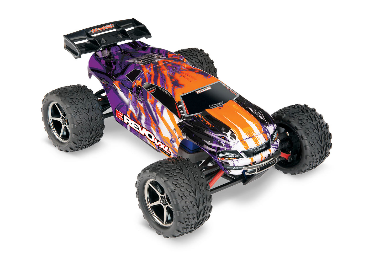 Traxxas 1/16 E-Revo VXL 4x4 RC truck with purple body, three-quarter view showing off detailed design and rugged tires.