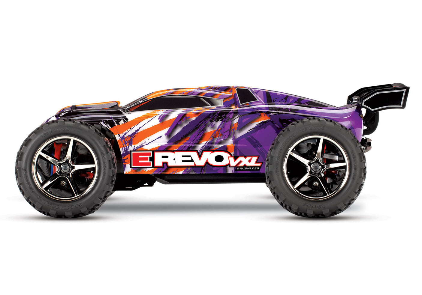 Traxxas 1/16 E-Revo VXL 4x4 RC truck with purple body and detailed side view showing off its rugged design.