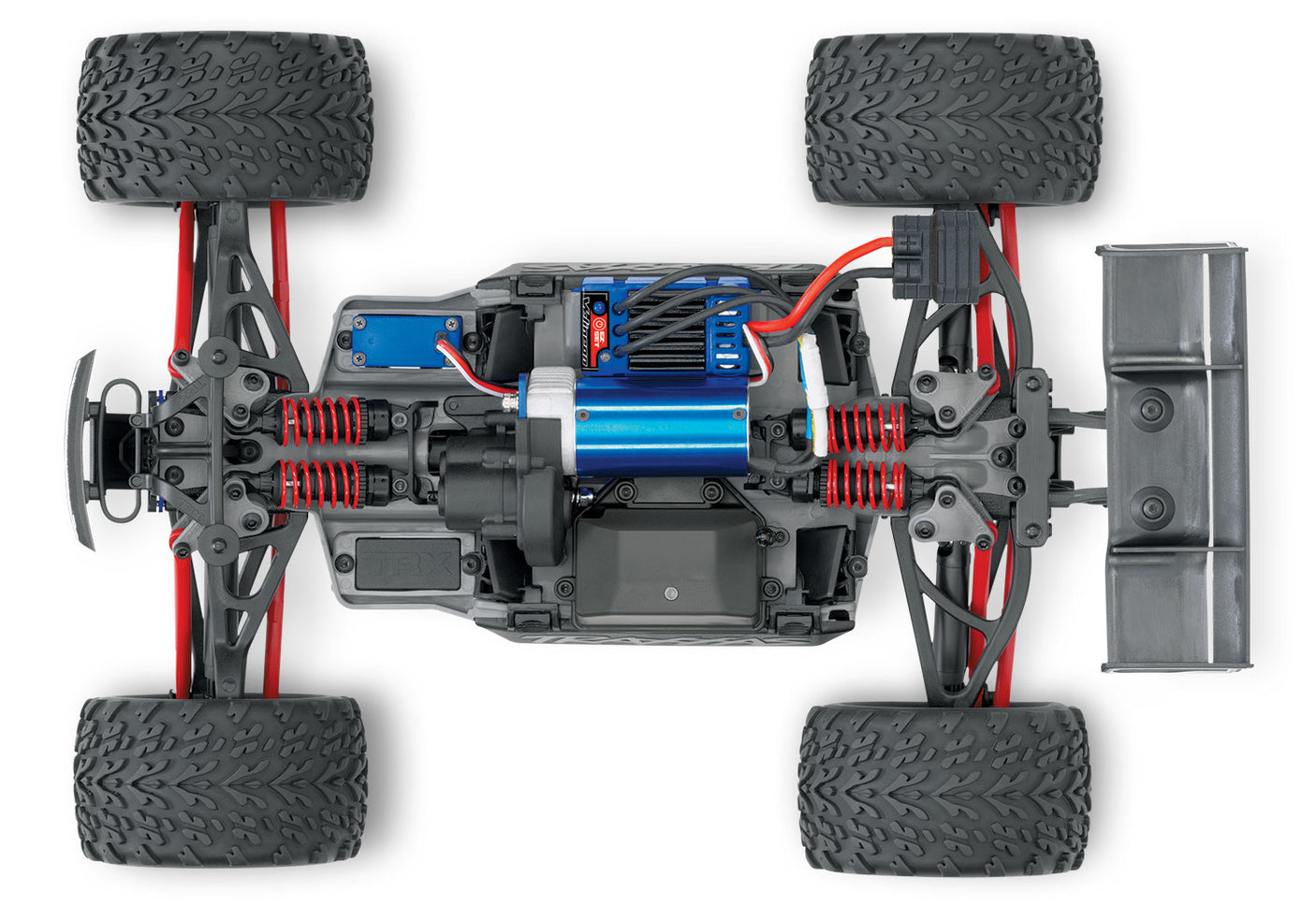Overhead view of Traxxas 1/16 E-Revo VXL 4X4 RC truck chassis showcasing its detailed design and rugged build.