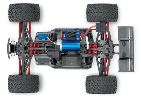 Overhead view of Traxxas 1/16 E-Revo VXL 4X4 RC truck chassis showcasing its detailed design and rugged build.