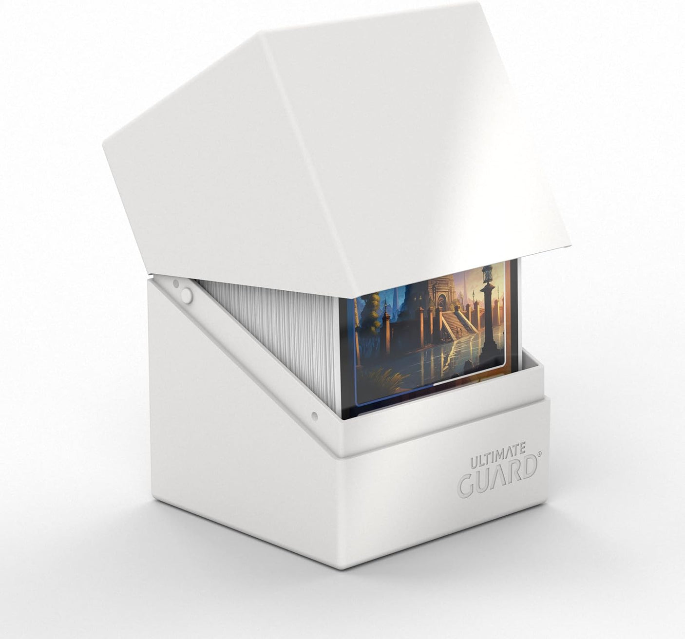 Ultimate Guard Boulder 100+ solid card storage box for collectible trading cards, durable and secure for card protection.