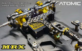 Atomic RC MRX 2WD Pan Car Kit showing a sleek remote-controlled racing car with detailed chassis and vibrant paintwork.