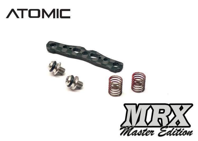 Atomic RC MRX Master vertical side spring conversion kit for RC cars, showing the assembled metal spring components.