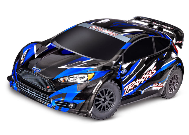 Blue Traxxas Ford Fiesta ST Rally BL-2s remote control car on a white background with detailed body and rally car design.