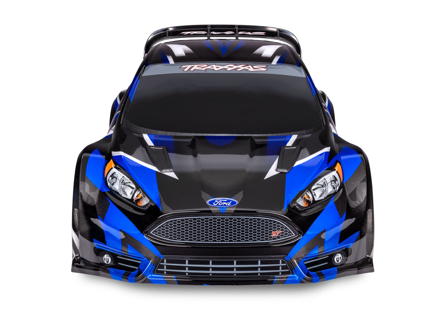 Traxxas Ford Fiesta ST Rally remote control car with front blue body and detailed rally design, showcasing realistic styling.