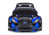 Traxxas Ford Fiesta ST Rally remote control car with front blue body and detailed rally design, showcasing realistic styling.