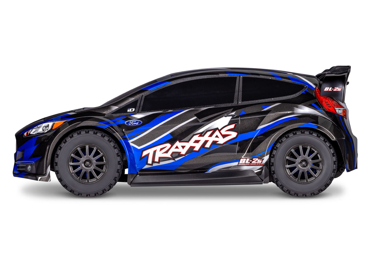 Blue Traxxas Ford Fiesta ST Rally BL-2s radio-controlled car viewed from the side.