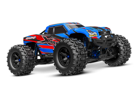 Traxxas X-Maxx Ultimate RC monster truck with large blue wheels and rugged tires, shown from a three-quarter front view.