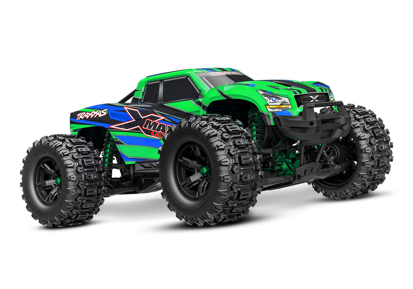 Traxxas X-Maxx Ultimate RC monster truck with green body and large off-road tires, shown from a three-quarter front view.