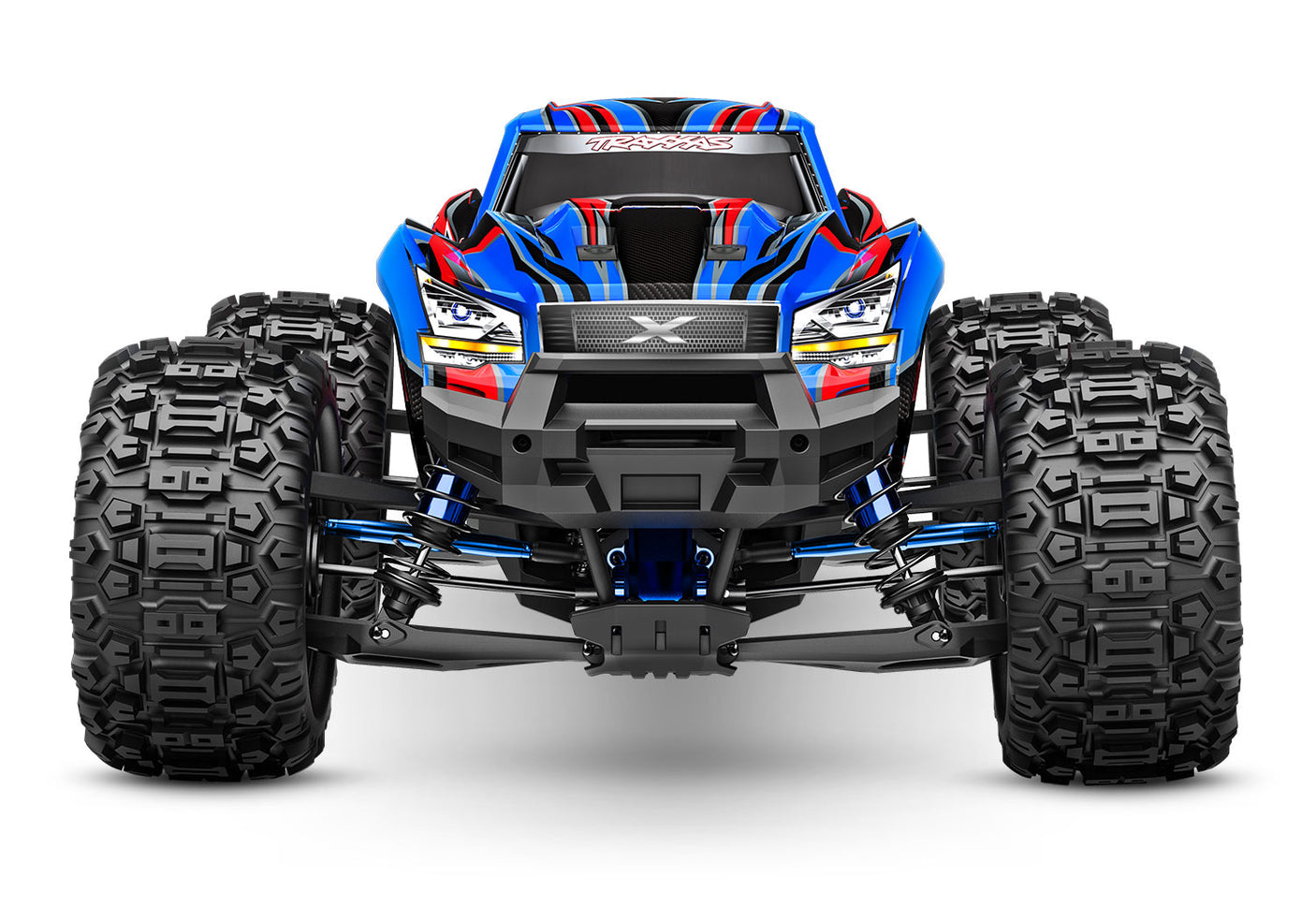 Blue Traxxas X-Maxx Ultimate RC monster truck viewed from the front showing large tires and detailed body design