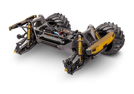 Traxxas X-Monster BIGFOOT 50th anniversary RC monster truck chassis, three-quarter view showing detailed construction and design.