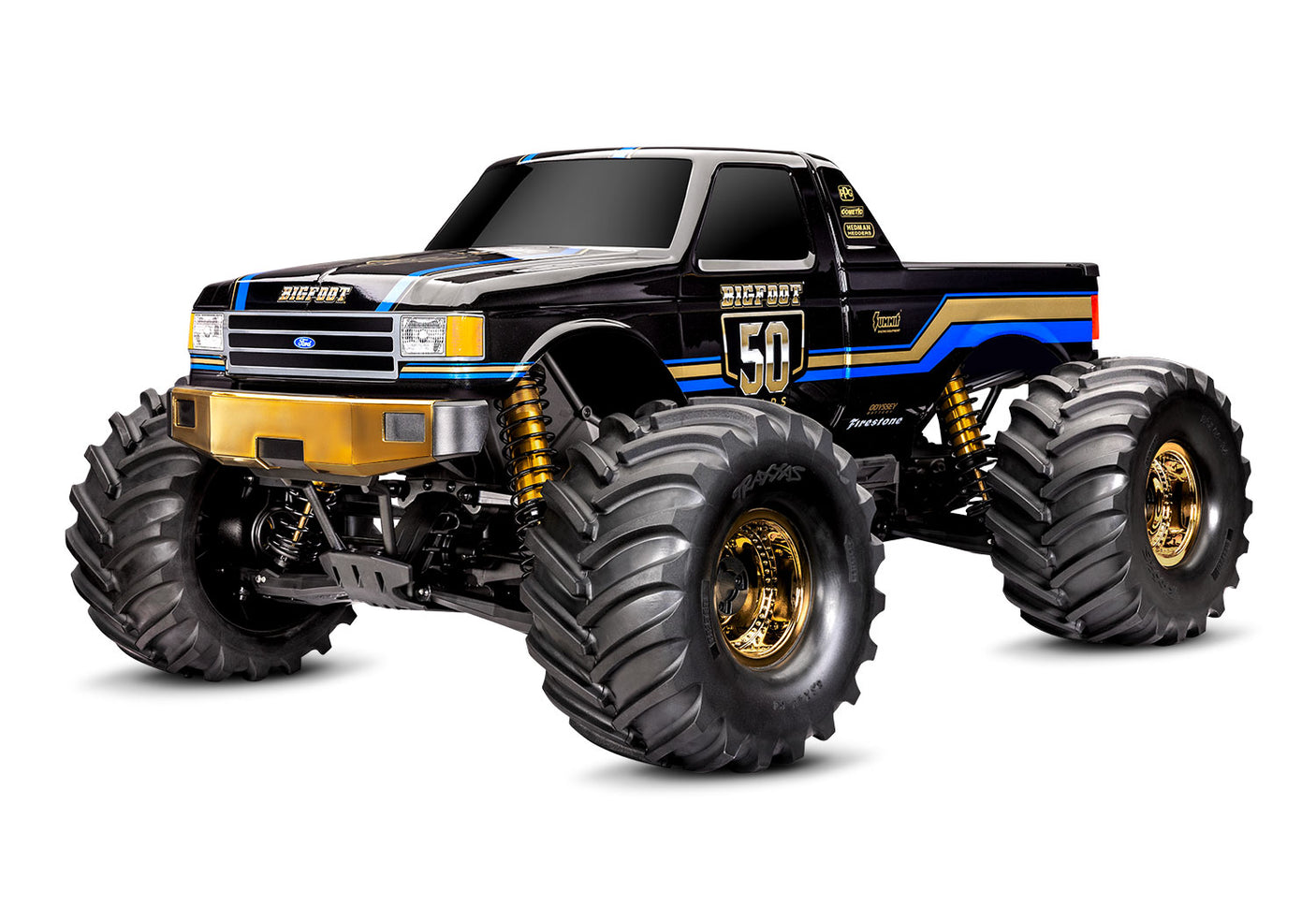 Traxxas X-Monster Bigfoot 50th anniversary RC truck, front view with detailed graphics and large off-road tires.