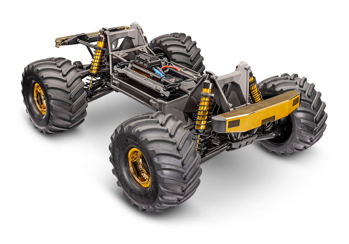 Traxxas X-Monster Bigfoot 50th anniversary RC truck chassis, detailed view of the limited edition vehicle's body and components.