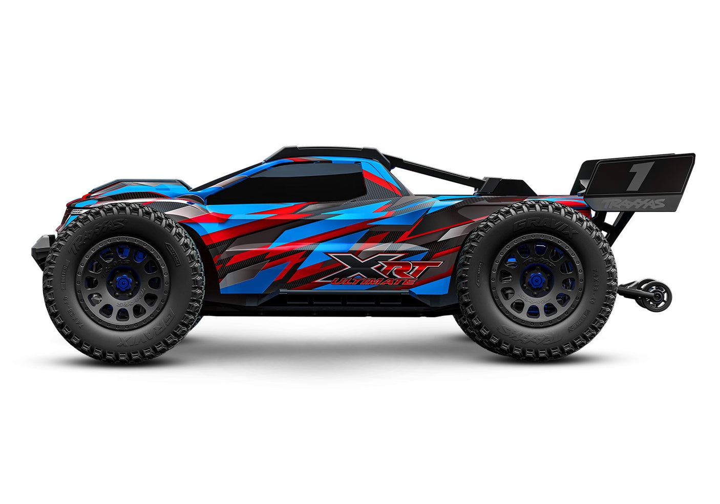 Blue Traxxas XRT Ultimate RC truck with detailed side view, showcasing rugged design and vibrant blue color.