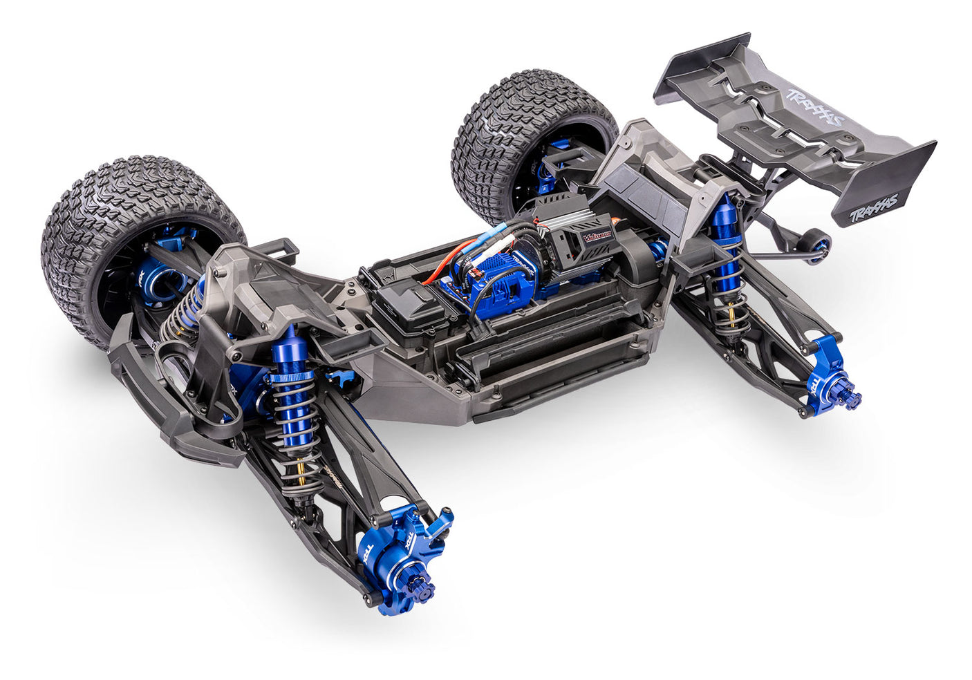 Traxxas XRT Ultimate RC truck chassis with detailed blue components and rugged off-road design.