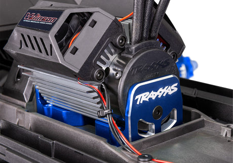 Blue Traxxas XRT Ultimate motor mount with detailed design, compatible with Traxxas remote control off-road vehicle.