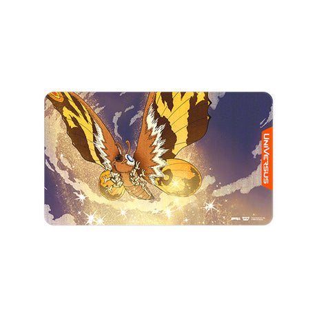 Universus Godzilla Reign of Kaiju Mothra Divine Moth playmat featuring colorful Mothra design on a soft fabric surface.