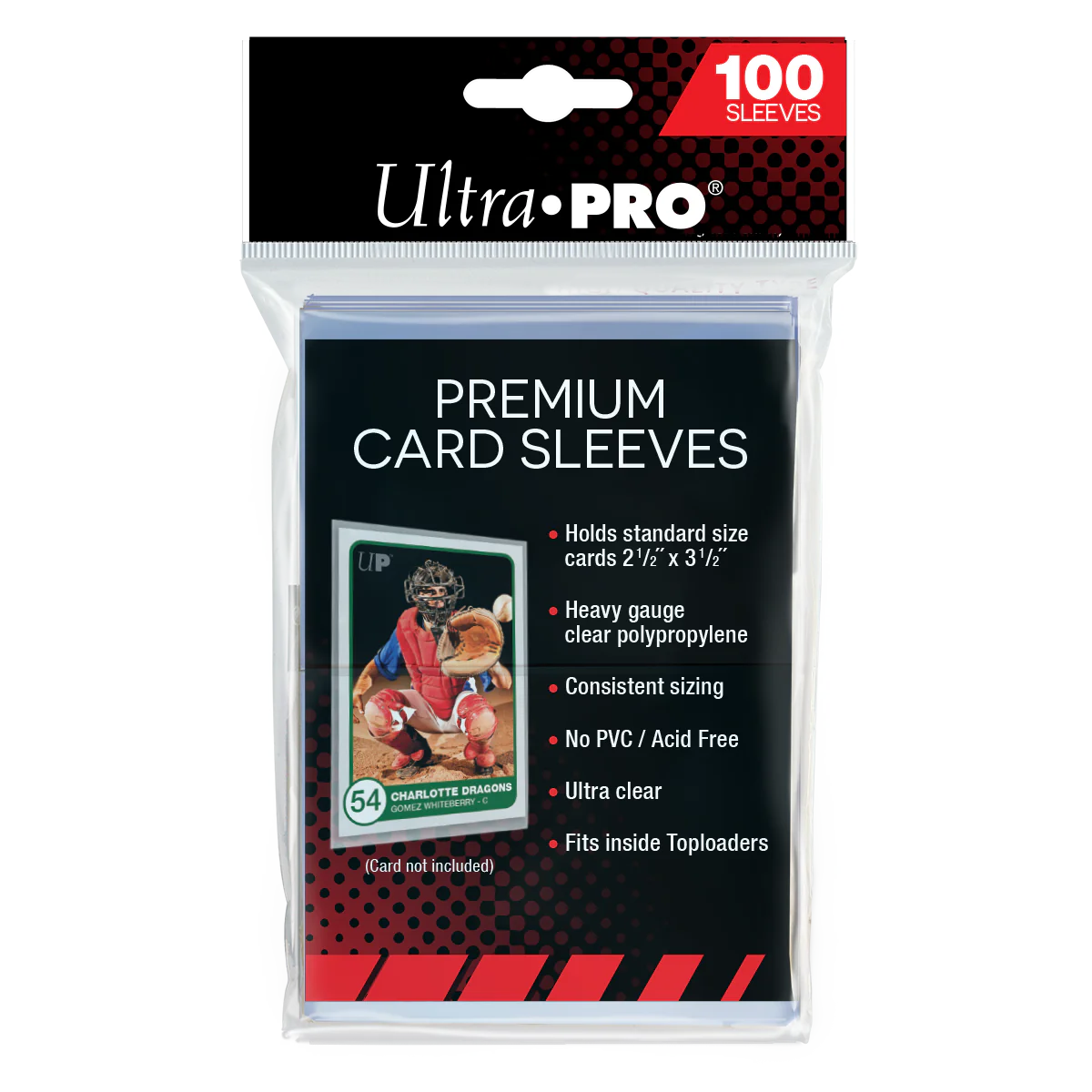 Ultra Pro premium card sleeves in a pack of 100, designed for protecting trading or collectible cards.