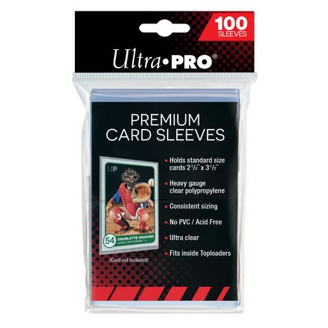 Ultra Pro premium card sleeves in a pack of 100, designed for protecting trading or collectible cards.
