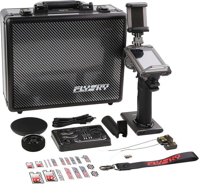 Flysky Noble NB4 Pro+ RC transmitter with FGr4B and FGr8B receivers, featuring ergonomic design and multiple control buttons.