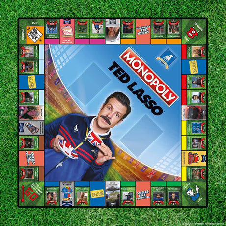 Hasbro Monopoly game featuring Ted Lasso theme with colorful game board and tokens for fans of the TV series.