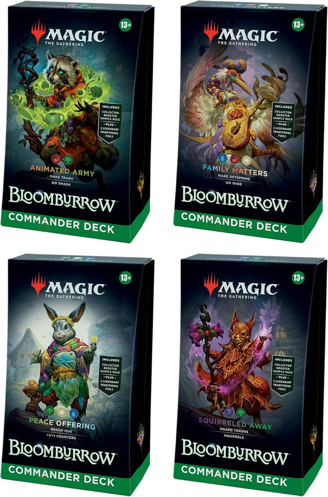 Magic: The Gathering Bloomburrow Commander Decks from Wizards of the Coast, featuring colorful fantasy artwork and card layouts.