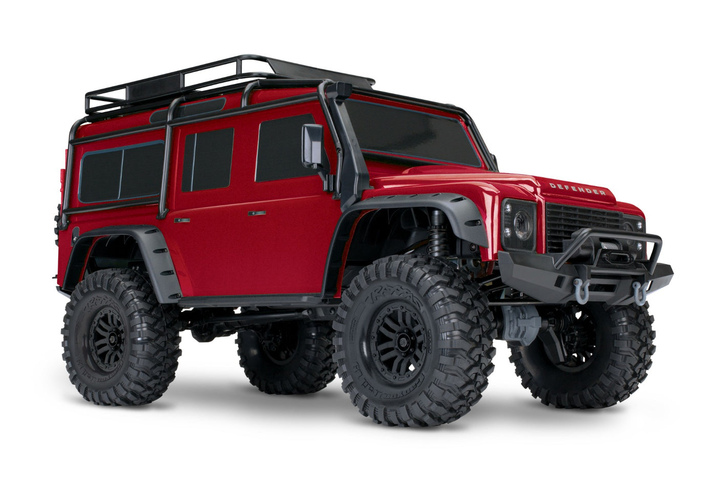 Red Traxxas TRX-4 Land Rover Defender RC model shown from a three-quarter front view.