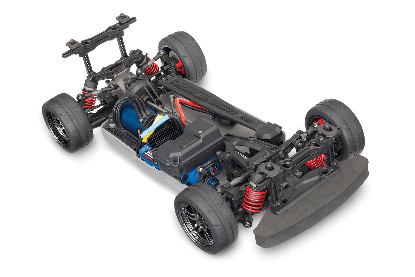 Traxxas 4-Tec 2.0 VXL chassis with detailed plastic components and mounting points for remote control car assembly.