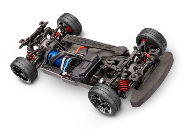 Traxxas 4-Tec 2.0 brushless RC car chassis, front quarter view showing detailed construction and components.