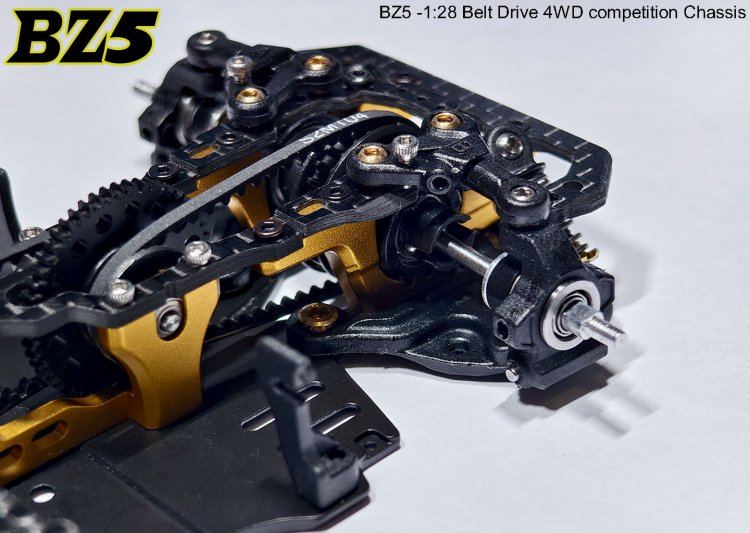 Atomic RC Z5 Belt Drive 4WD chassis kit with detailed components and black and silver parts for RC car customization.