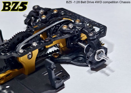 Atomic RC Z5 Belt Drive 4WD chassis kit with detailed components and black and silver parts for RC car customization.