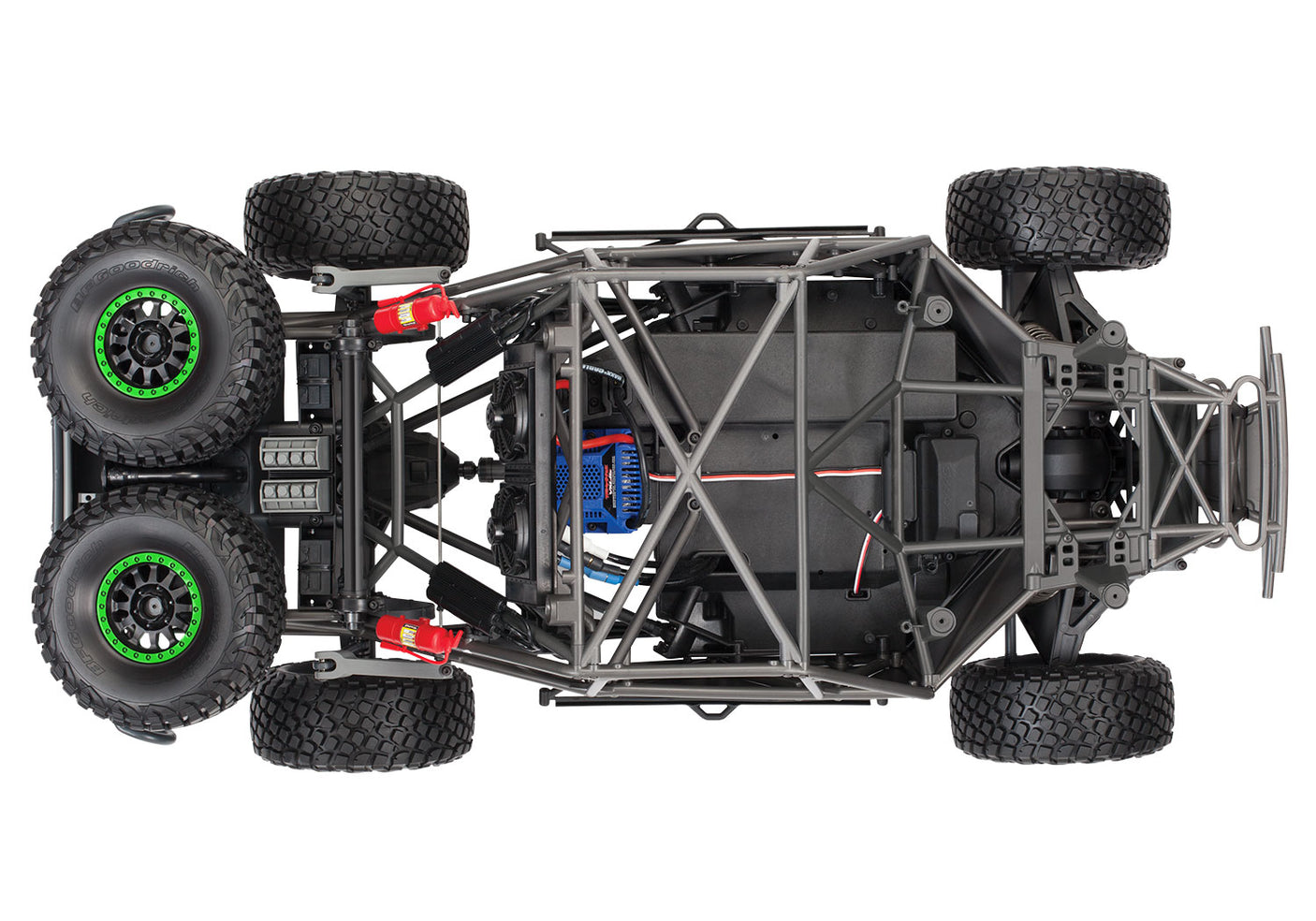 Overhead view of the Traxxas Unlimited Desert Racer with its rigid chassis and detailed desert racing design.