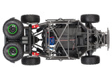 Overhead view of the Traxxas Unlimited Desert Racer with its rigid chassis and detailed desert racing design.