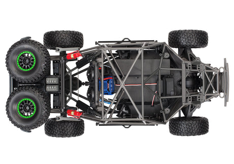 Overhead view of the Traxxas Unlimited Desert Racer with its rigid chassis and detailed desert racing design.